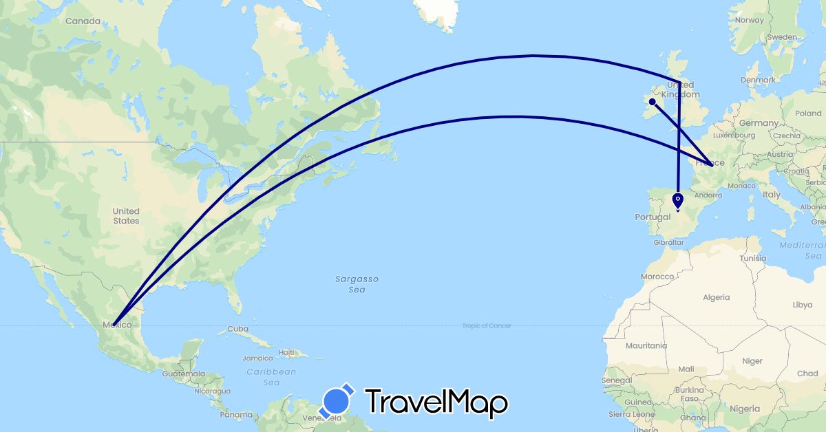 TravelMap itinerary: driving in Spain, France, United Kingdom, Ireland, Mexico (Europe, North America)